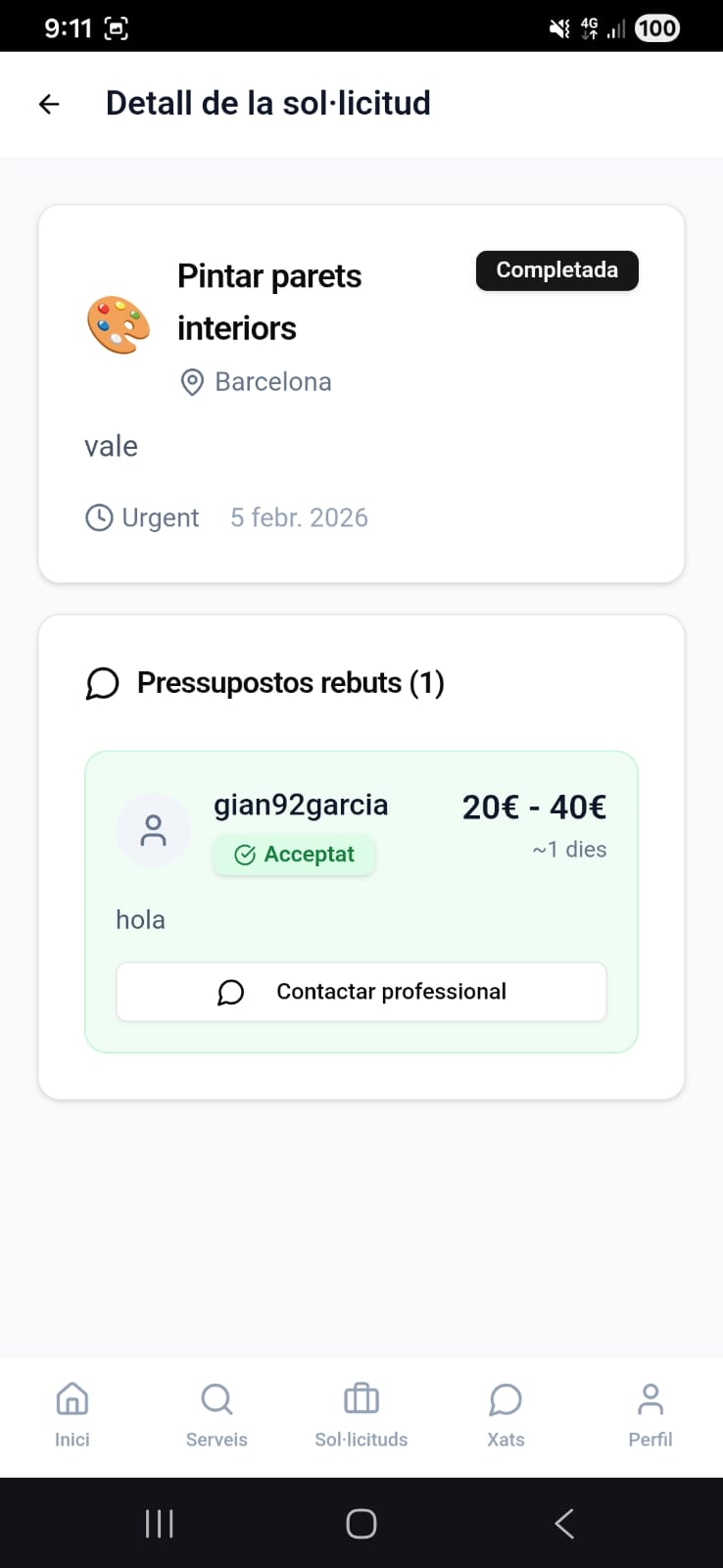 Pantalla de xat entre client i professional